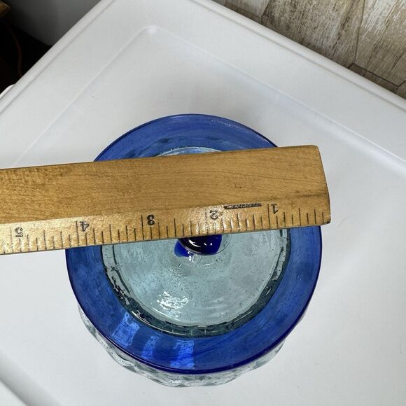 Hand Blown Glass Canister Mexico with lid Blue Rim Biscuit Cookie Jar 6”x4” Farm - Picture 13 of 16